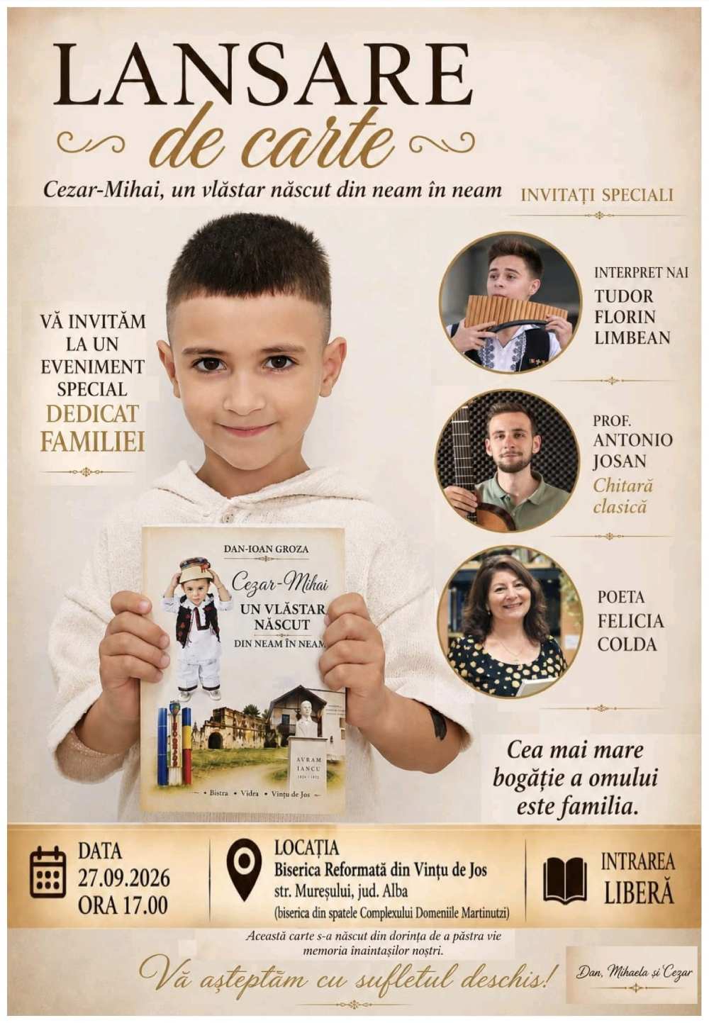 Lansare de carte: „Cezar-Mihai, un vlăstar născut din neam în neam”, în Vințu de Jos